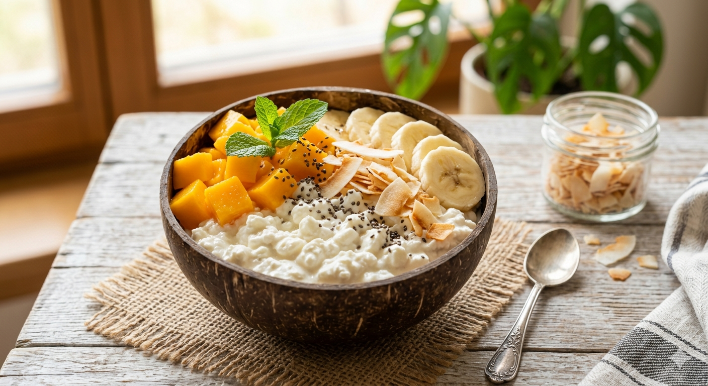 Alt Text: A tropical cottage cheese breakfast bowl topped with fresh mango, bananas, toasted coconut, and chia seeds.