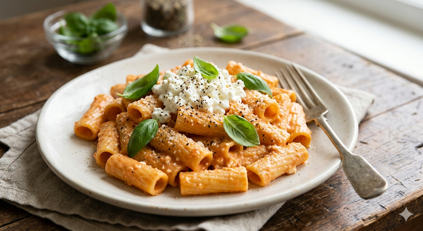 A creamy tomato and cottage cheese pasta sauce served over rigatoni, garnished with fresh basil and black pepper.