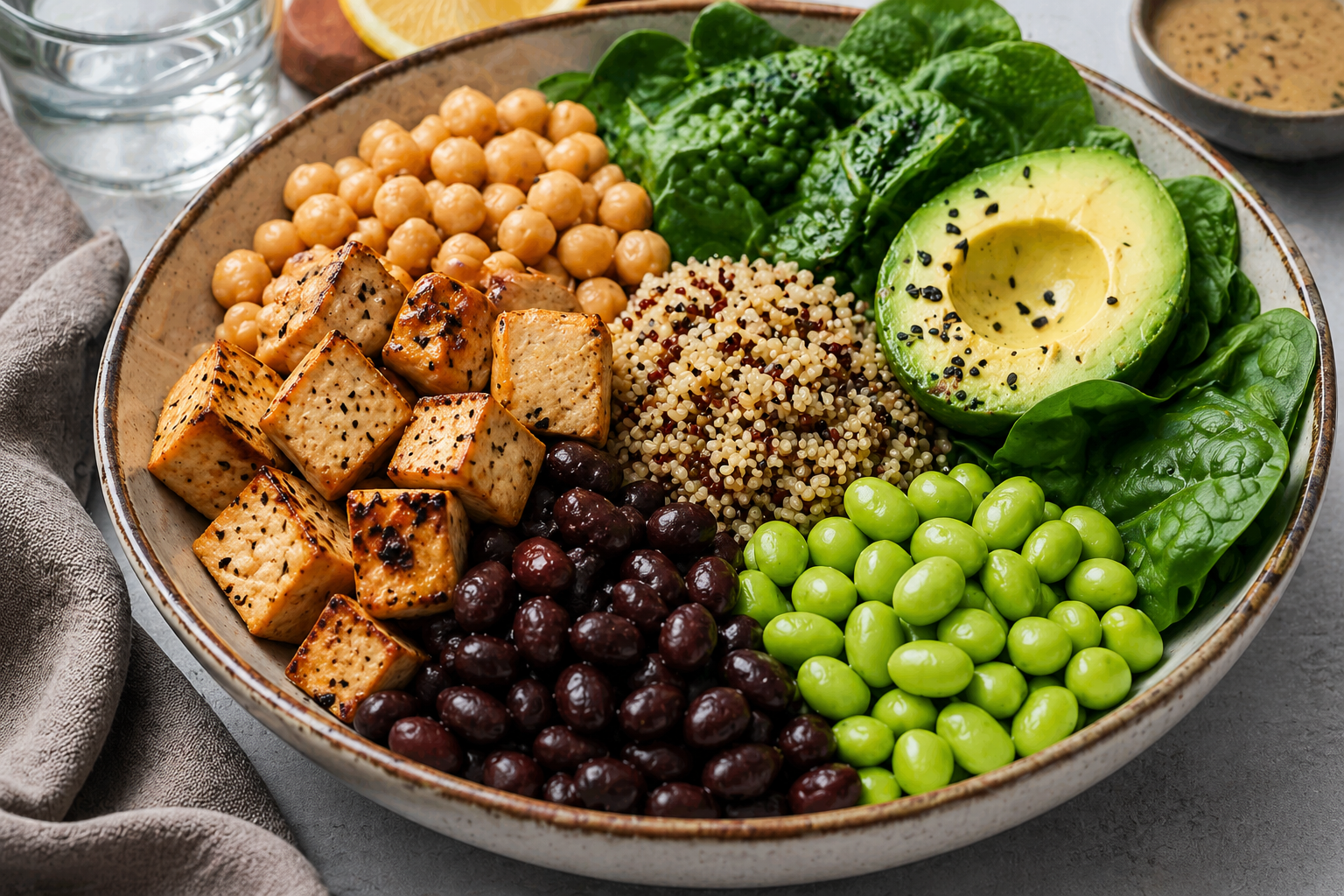 Top plant-based protein sources for muscle building displayed in bowls, including beans, tofu, lentils, quinoa, nuts, and seeds on a clean minimal background.