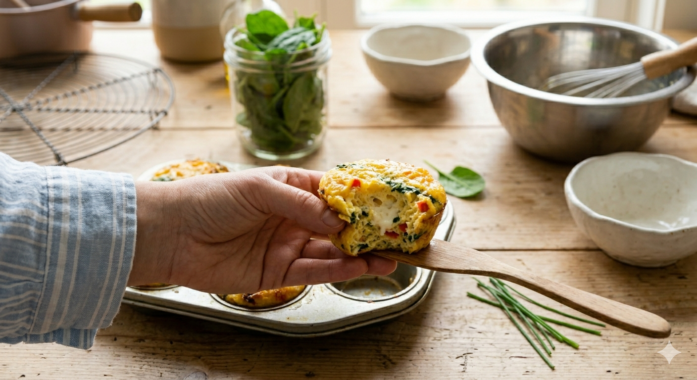 Alt Text: A close-up shot focusing on a person's hand wearing a striped blue cuff, lifting a single, fluffy, golden-brown egg muffin.
