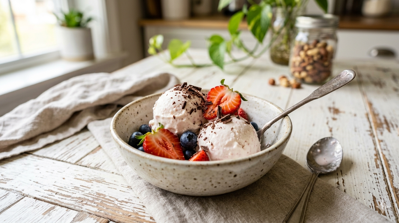 Creamy cottage cheese ice cream scoops in a bowl topped with fresh strawberries, blueberries, and chocolate shavings on a rustic wooden table.