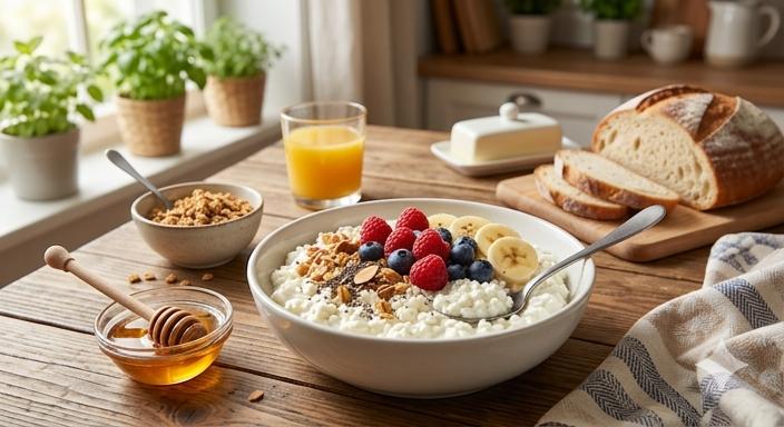 A healthy cottage cheese breakfast bowl topped with raspberries, blueberries, bananas, and granola on a wooden table, featuring 30g of protein.