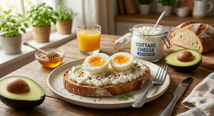 Savory high-protein breakfast toast topped with cottage cheese, soft-boiled eggs, red pepper flakes, and a side of avocado on a wooden table.