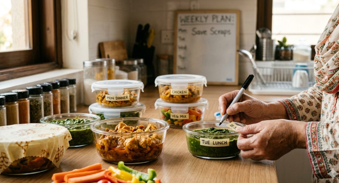 A close-up shot of hands labeling glass containers filled with organized leftover ingredients like chicken and vegetables on a kitchen counter.