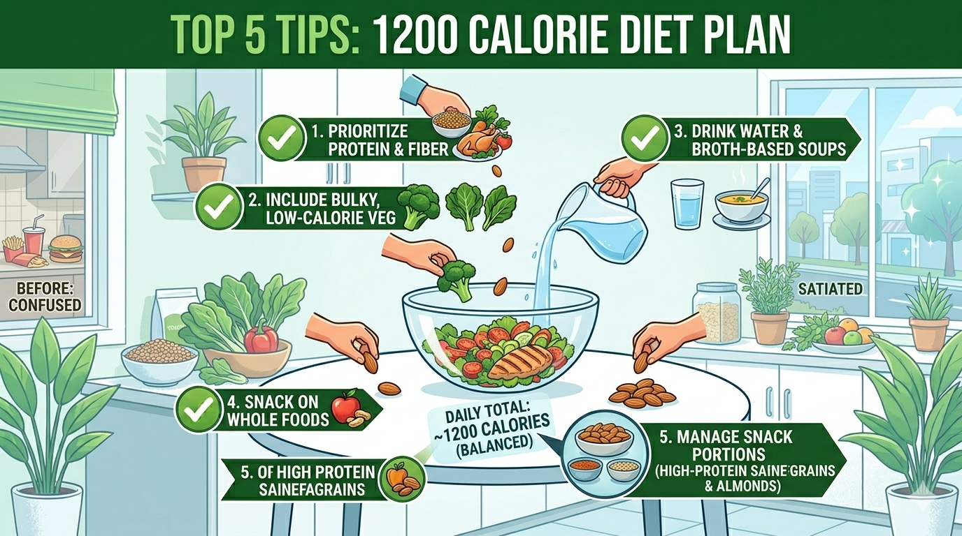 Healthy low-calorie meal with vegetables, lean protein, and fresh fruits for a 1200 calorie diet plan