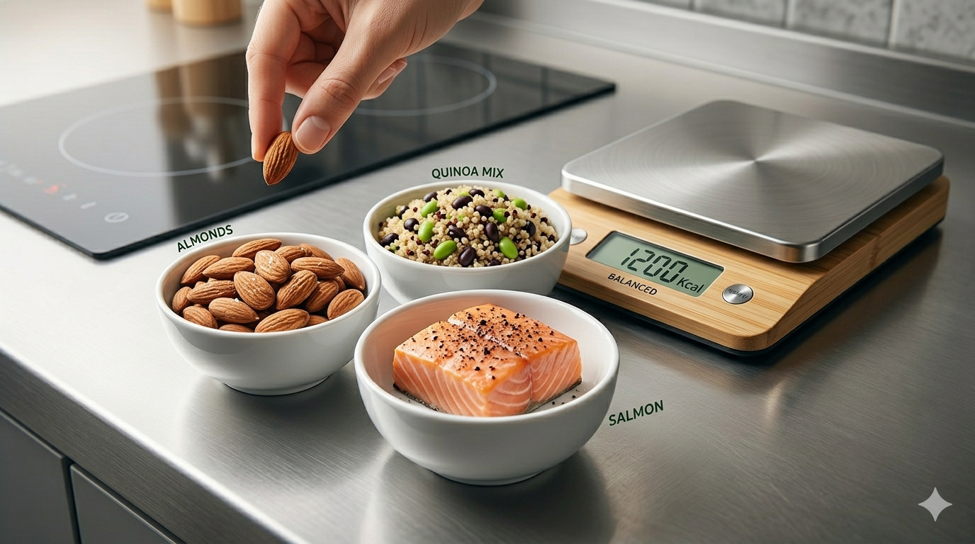 Woman preparing healthy portion-controlled meals for a 1200 calorie diet plan in a modern kitchen