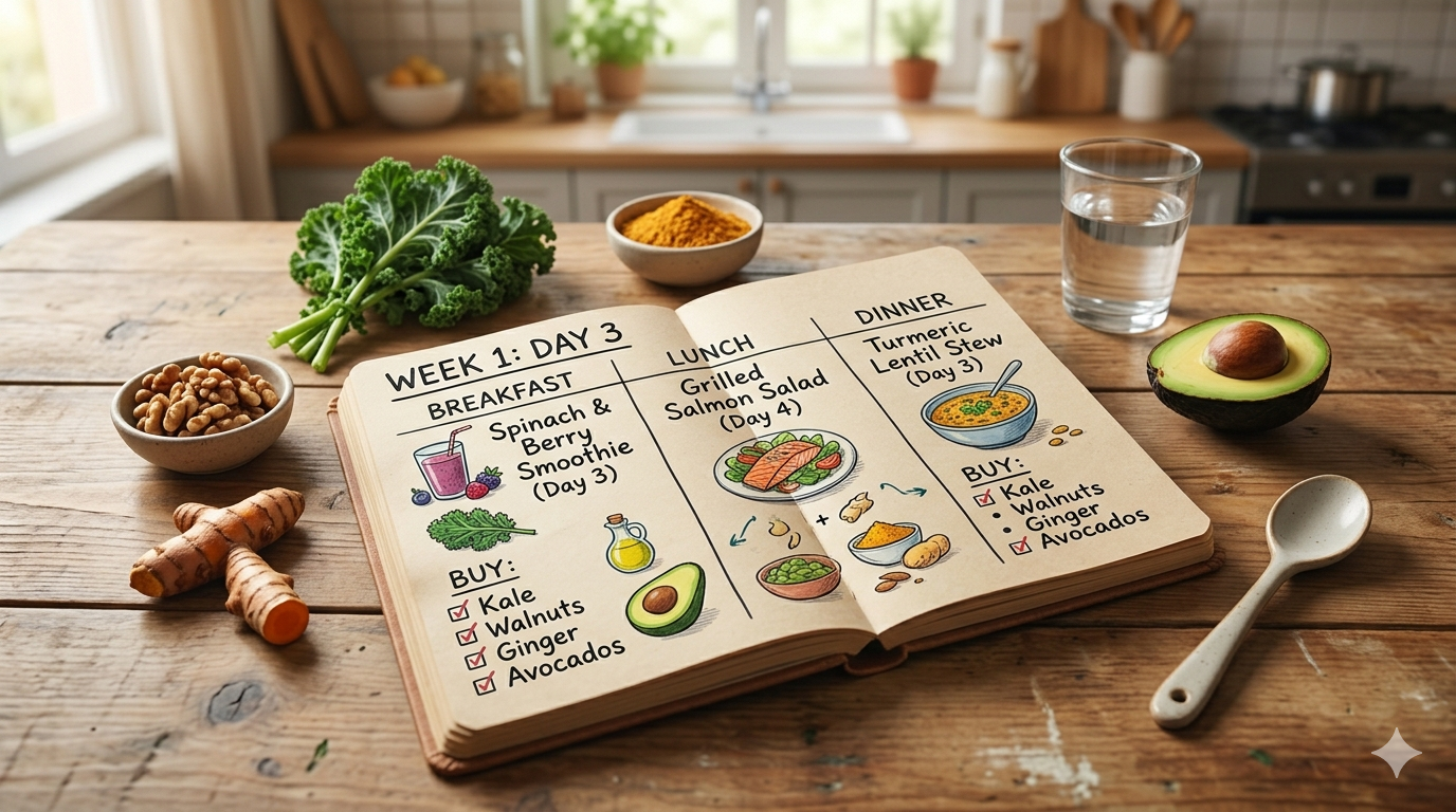 21-day anti-inflammatory diet plan visual showing healthy foods for reducing inflammation and relieving body pain naturally