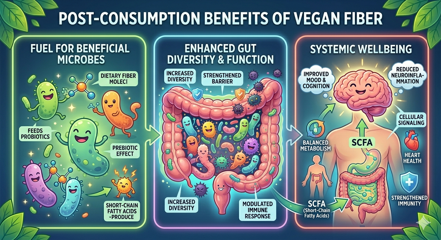 A colorful infographic showing a cornucopia of vegan foods like legumes, greens, and grains flowing into a human digestive system, where friendly microbes are shown thriving and fighting off pathogens.