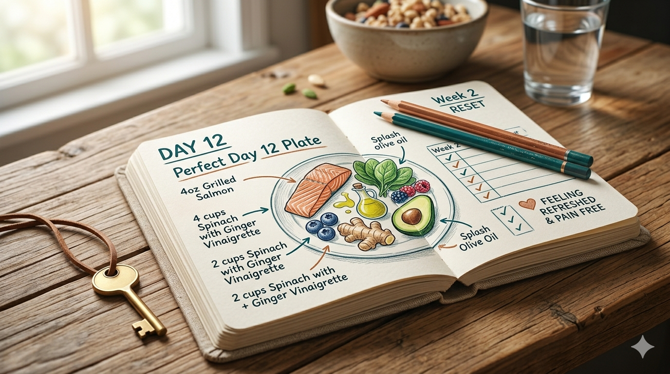 healthy anti-inflammatory foods layout for a 21-day diet plan to reduce inflammation and support pain relief