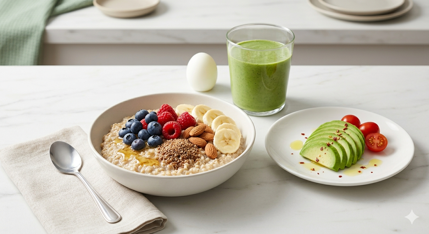 Healthy PCOS diet meal with oatmeal, berries, banana, almonds, flaxseeds, avocado slices, boiled egg, and green smoothie