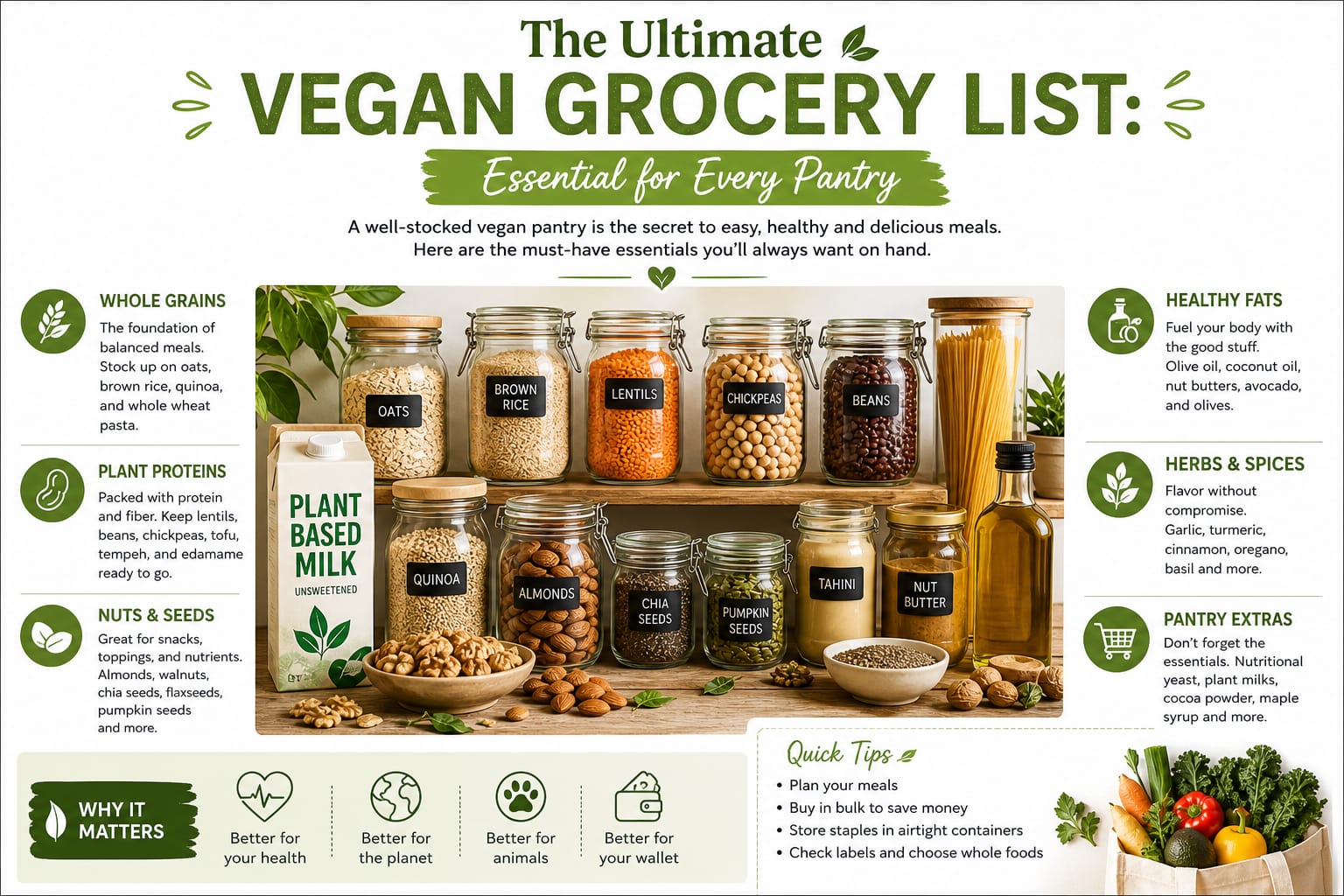 A complete vegan grocery list with pantry staples like beans, rice, plant-based milk, nuts, seeds, and fresh produce.