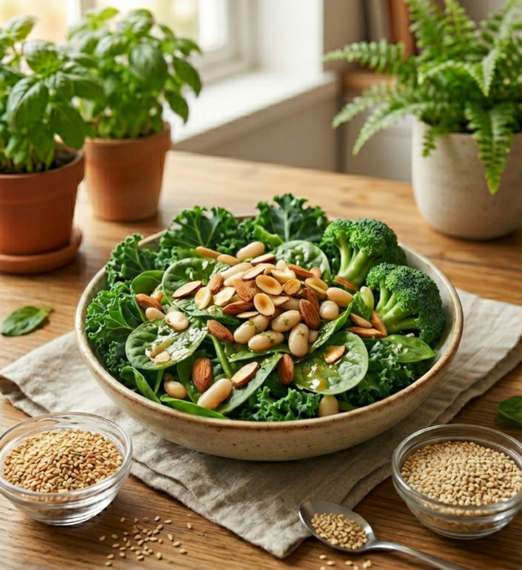 Vegan salad bowl with kale, spinach, almonds, beans, and sesame seeds high in calcium.