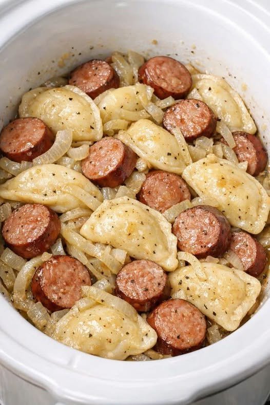 Slow Cooker Sausage and Pierogies